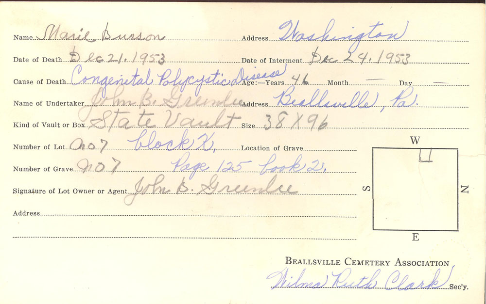 Marie Burson burial card